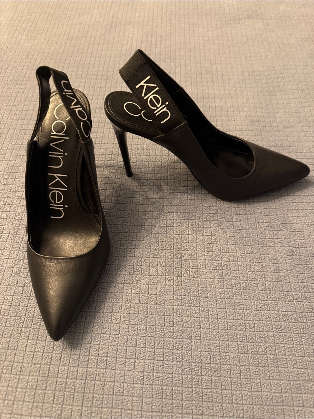 Calvin Klein Black Pointed Slingback Stiletto Heels with Logo Strap